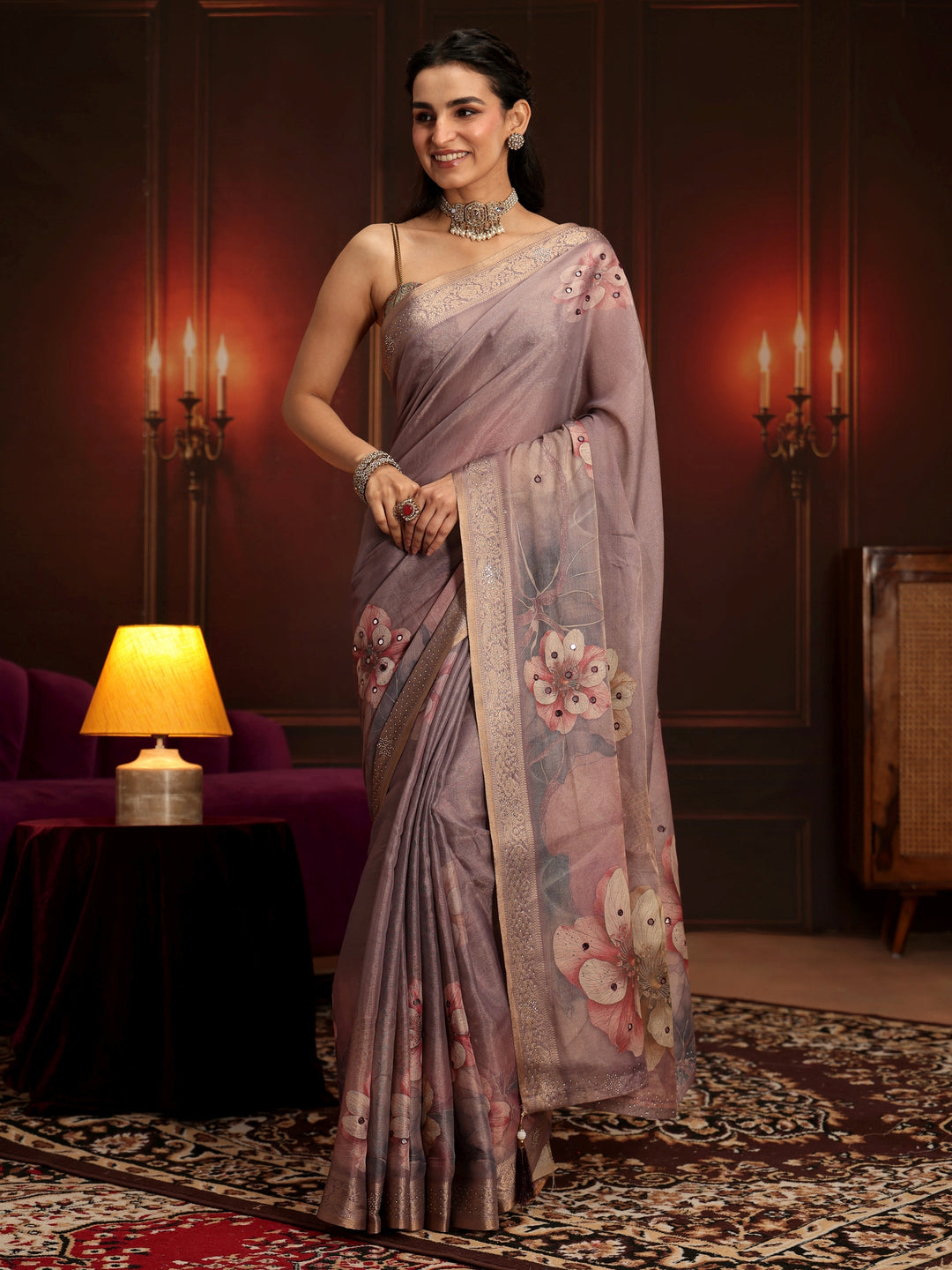  Libas Dusty Lilac Floral Printed Silk Blend Saree 