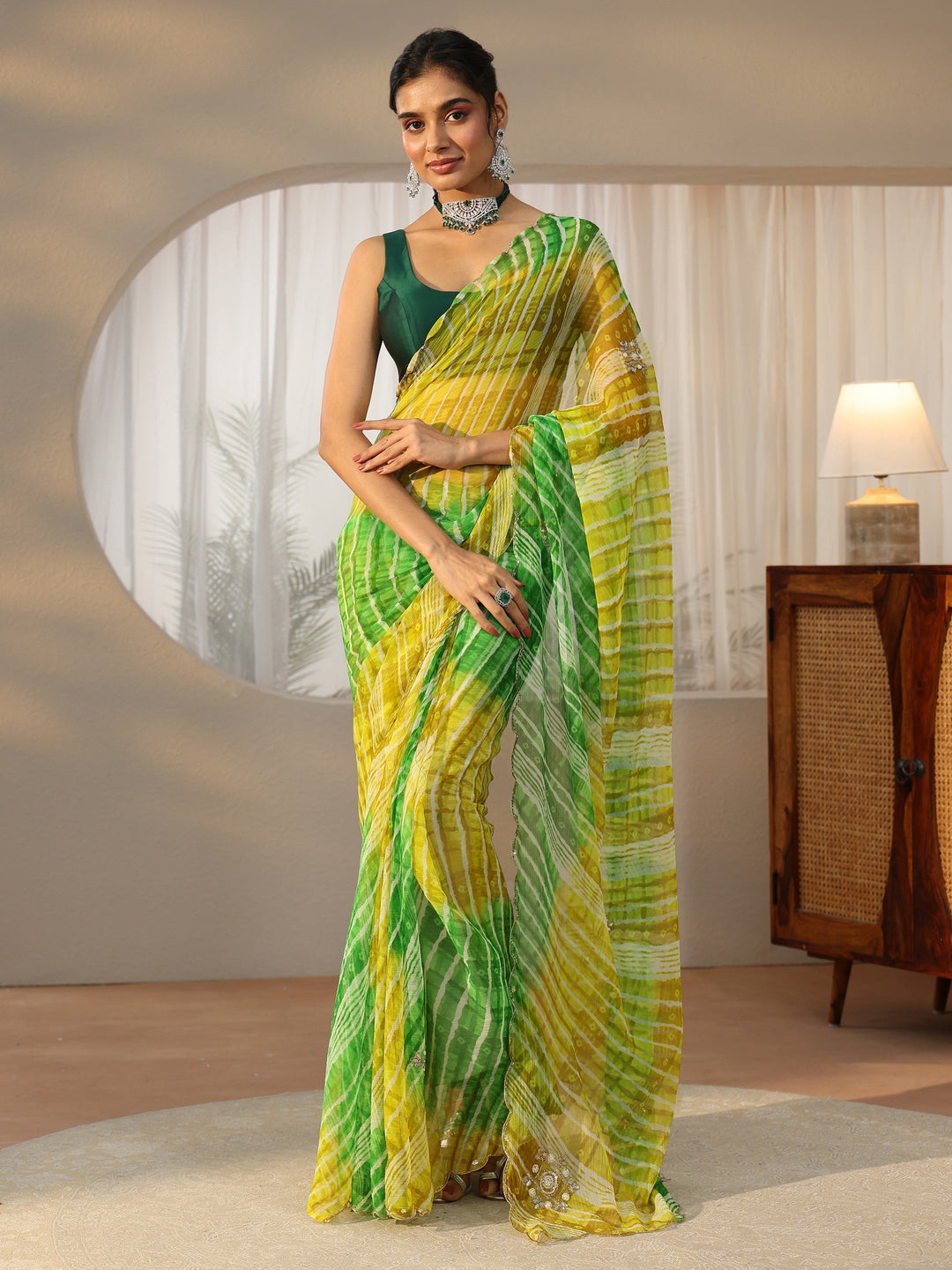 Libas Lime Green Leheriya Printed Chiffon Saree 