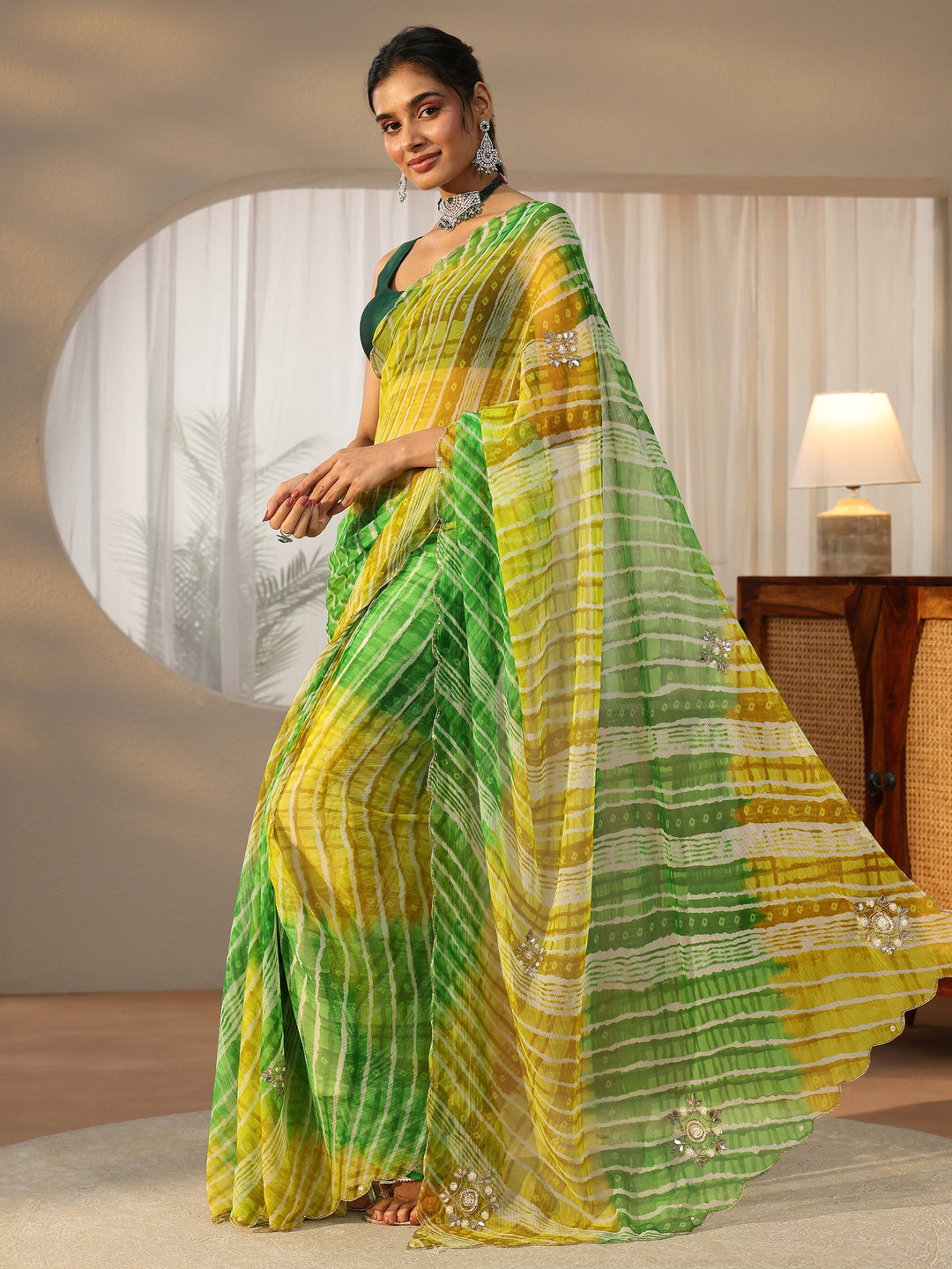  Libas Lime Green Leheriya Printed Chiffon Saree 