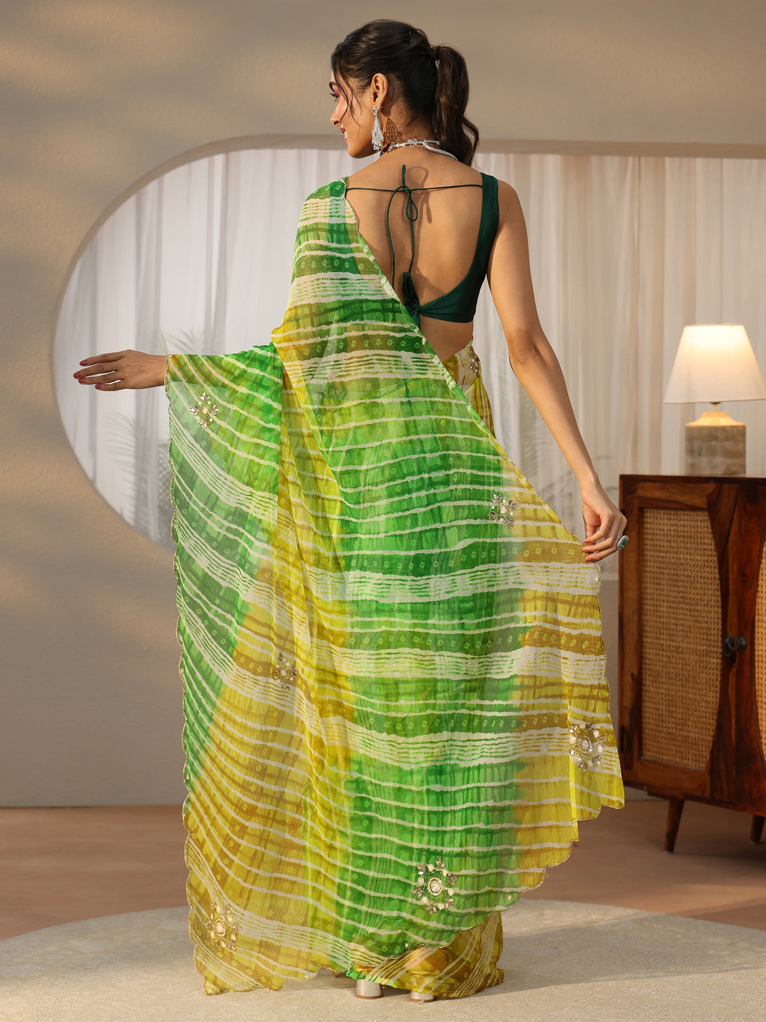  Libas Lime Green Leheriya Printed Chiffon Saree 