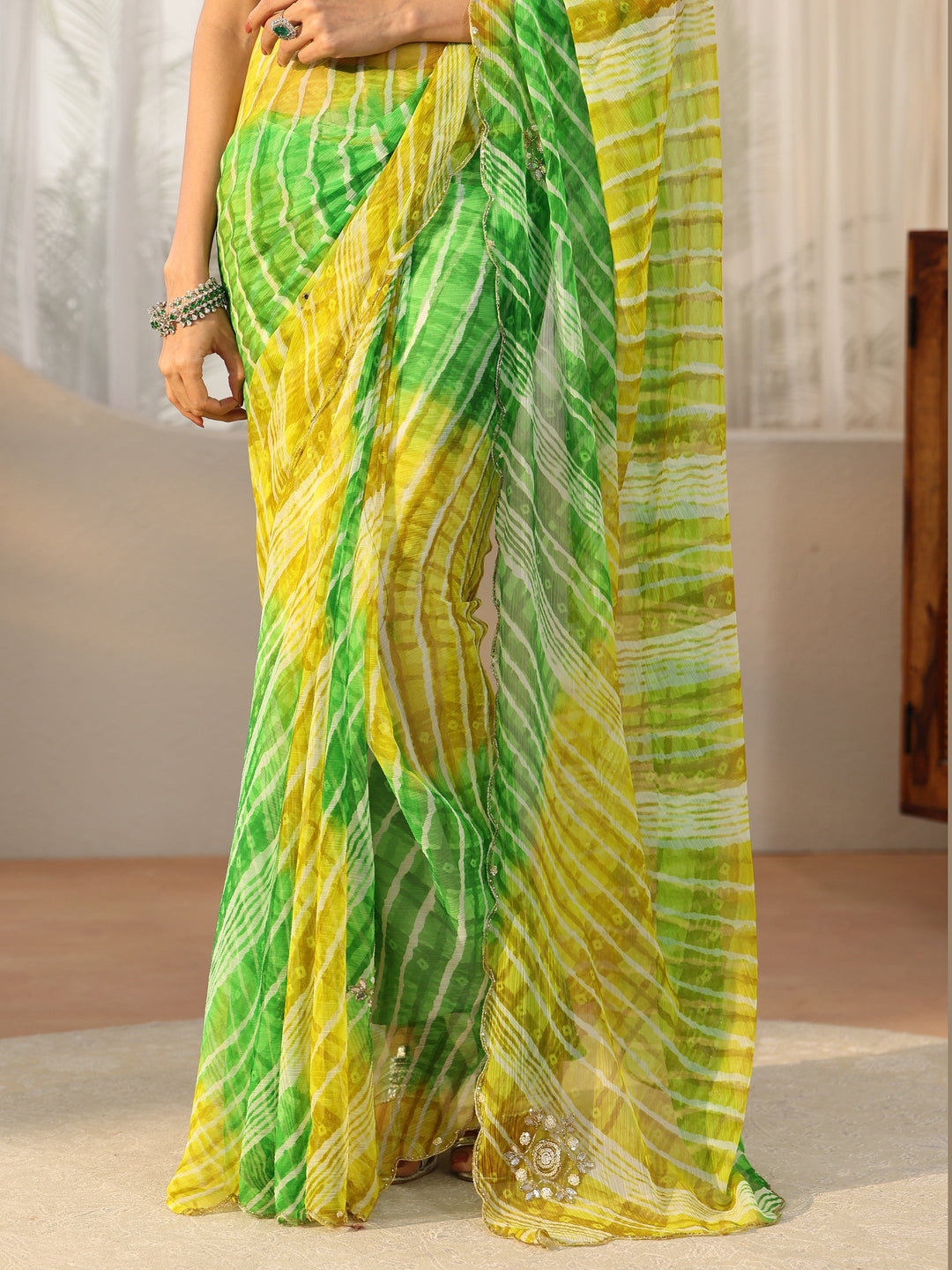  Libas Lime Green Leheriya Printed Chiffon Saree 