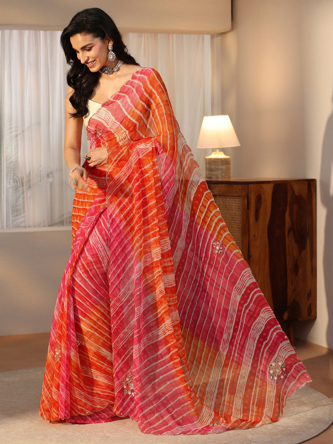  Libas Orange Leheriya Printed Chiffon Saree 