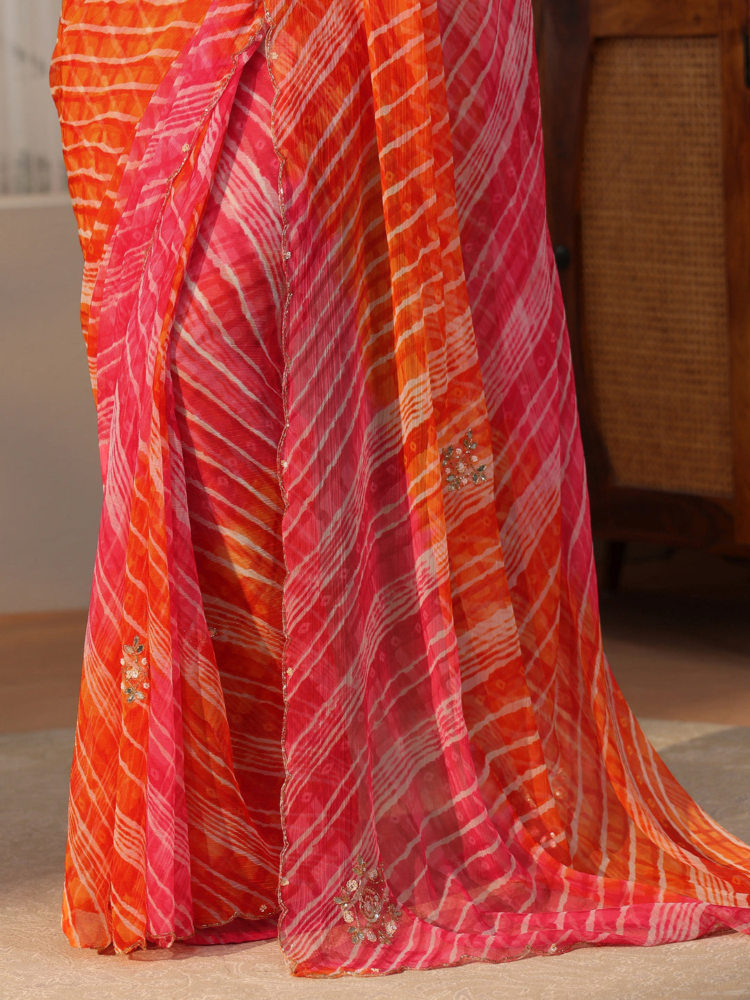  Libas Orange Leheriya Printed Chiffon Saree 