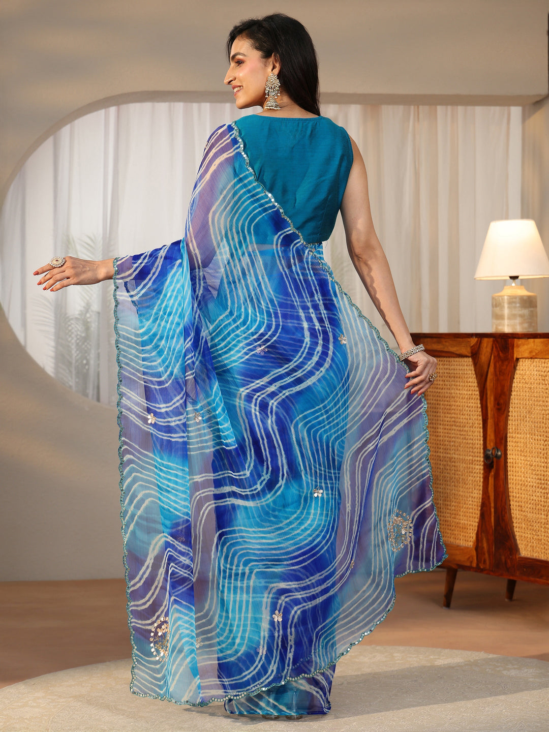  Libas Cobalt Blue Leheriya Printed Chiffon Saree 