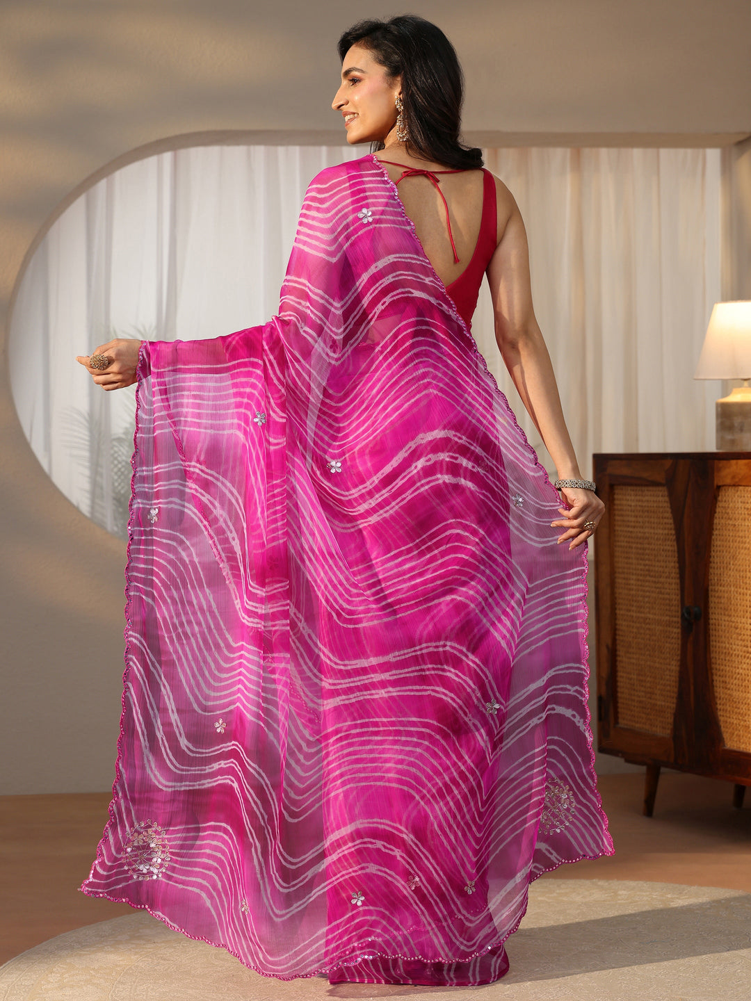  Libas Rani Pink Leheriya Printed Chiffon Saree 