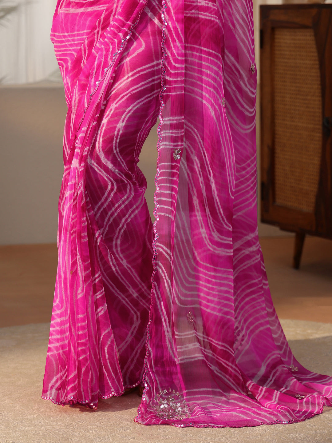 Libas Rani Pink Leheriya Printed Chiffon Saree 