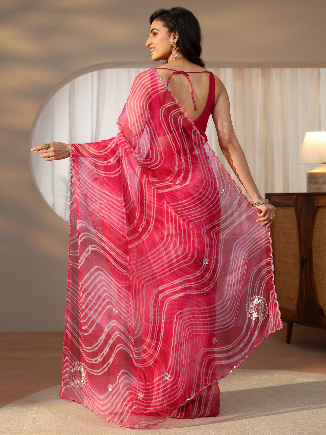  Libas Hot Pink Leheriya Printed Chiffon Saree 