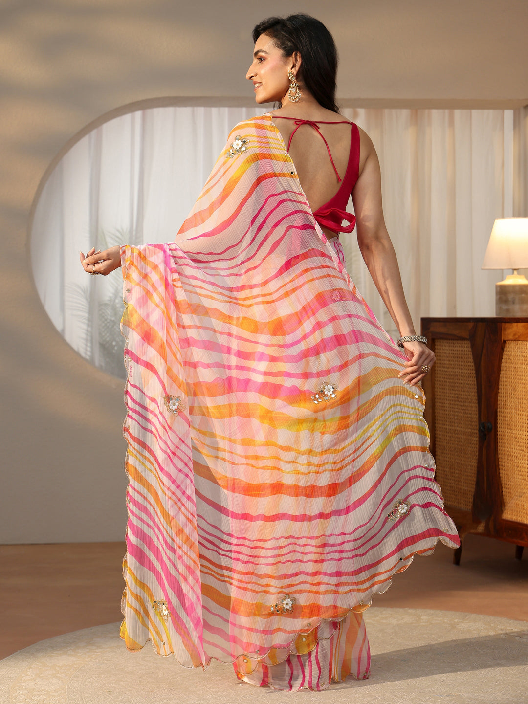  Libas Baby Pink Leheriya Printed Chiffon Saree 