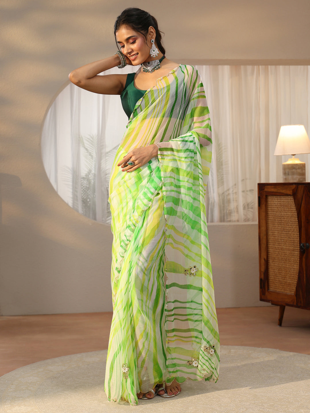  Libas Lime Green Leheriya Printed Chiffon Saree 