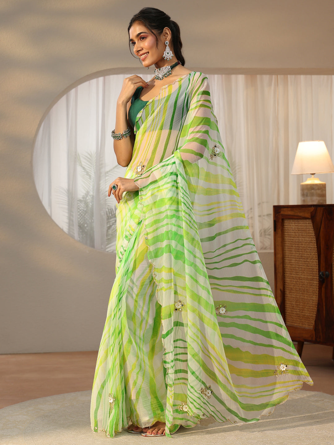  Libas Lime Green Leheriya Printed Chiffon Saree 