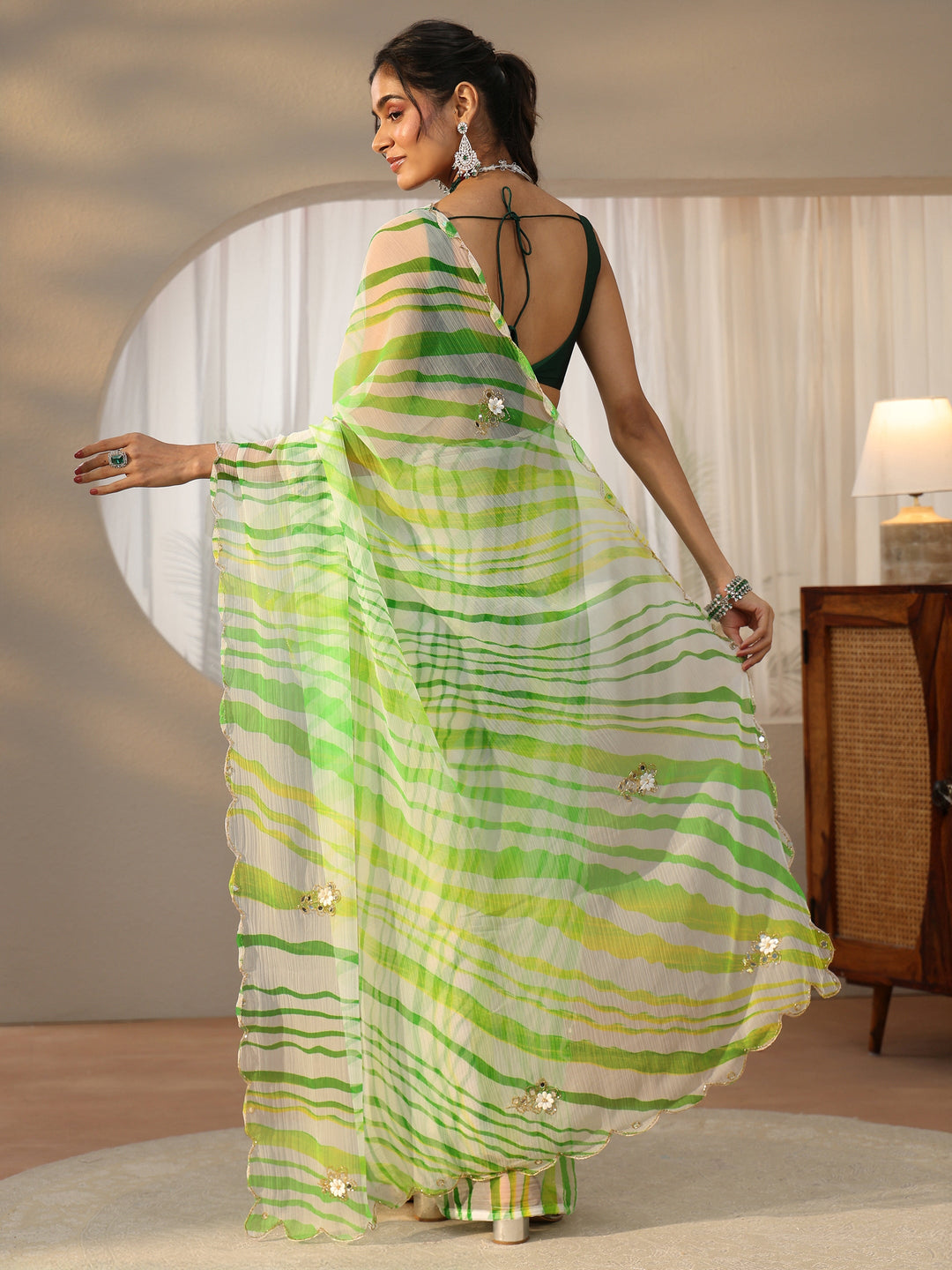  Libas Lime Green Leheriya Printed Chiffon Saree 