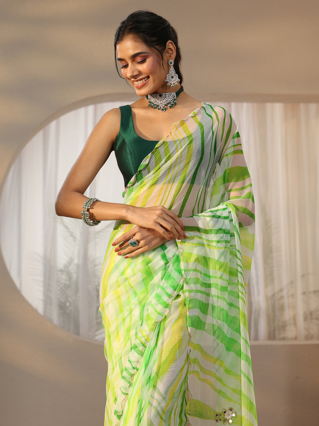  Libas Lime Green Leheriya Printed Chiffon Saree 