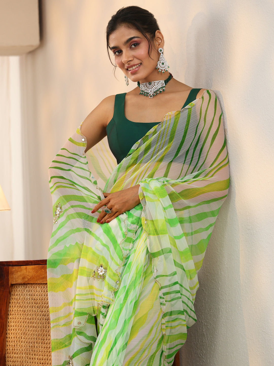  Libas Lime Green Leheriya Printed Chiffon Saree 