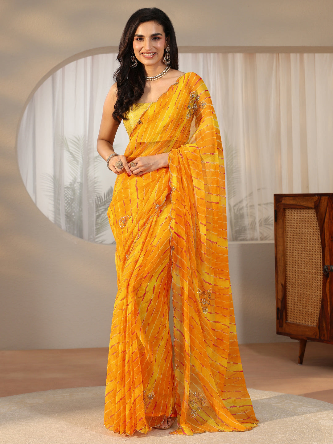  Libas Orange Leheriya Printed Chiffon Saree 