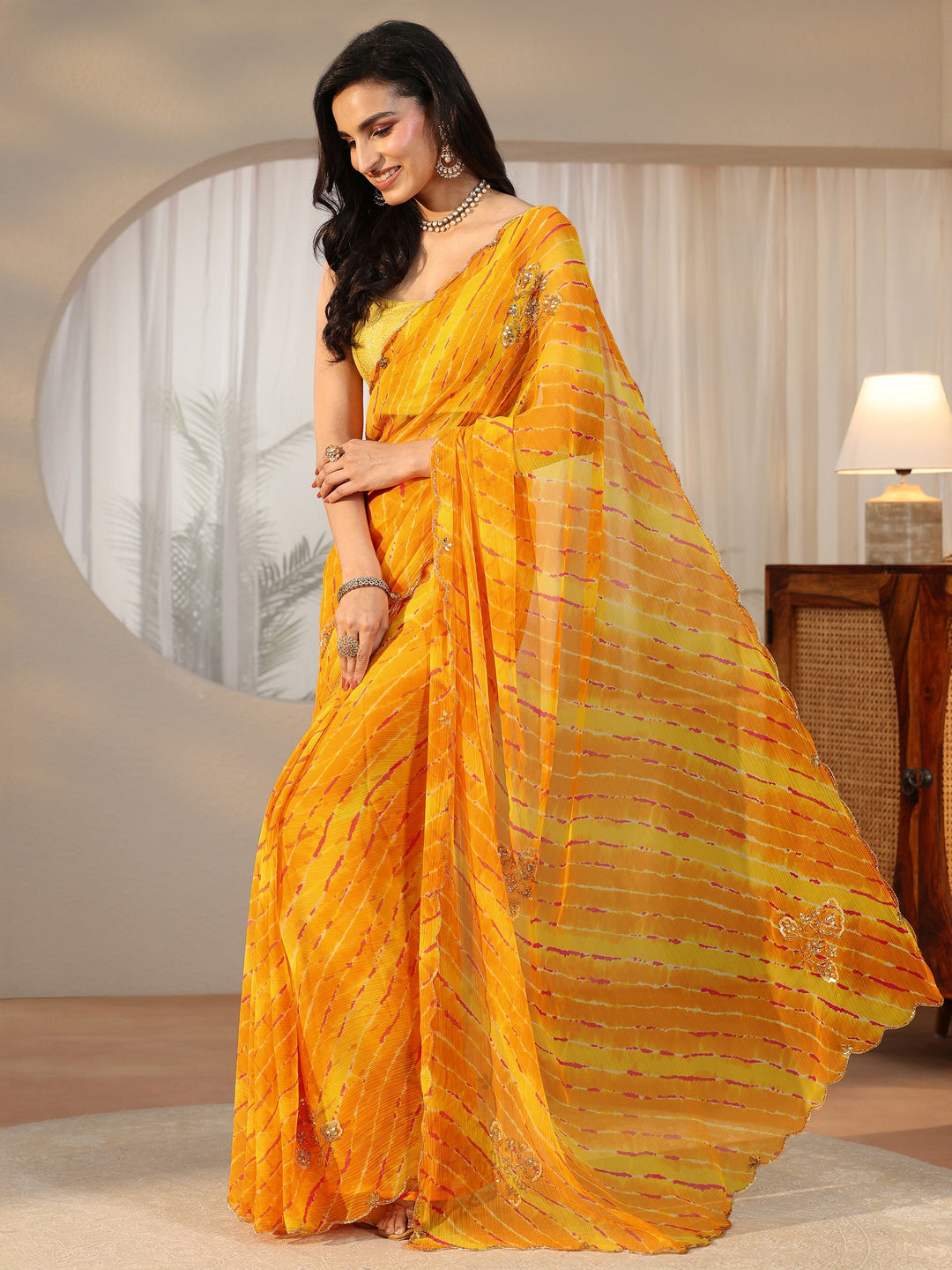  Libas Orange Leheriya Printed Chiffon Saree 
