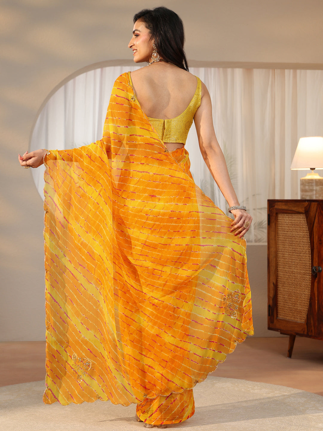  Libas Orange Leheriya Printed Chiffon Saree 