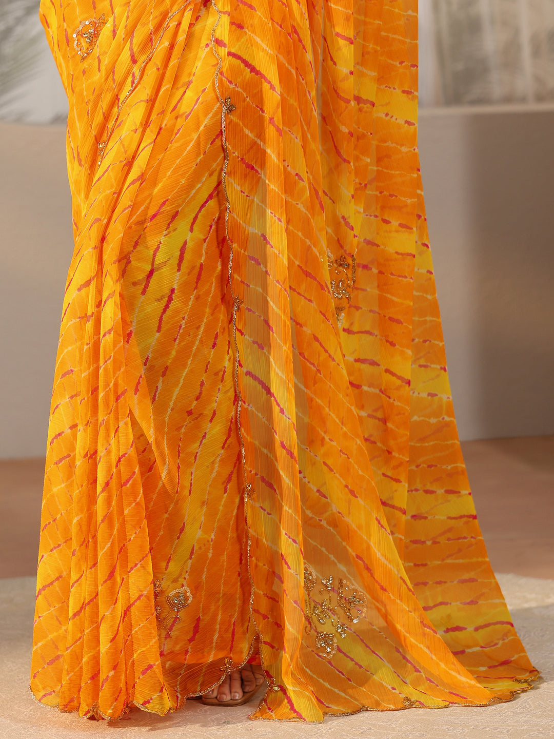  Libas Orange Leheriya Printed Chiffon Saree 
