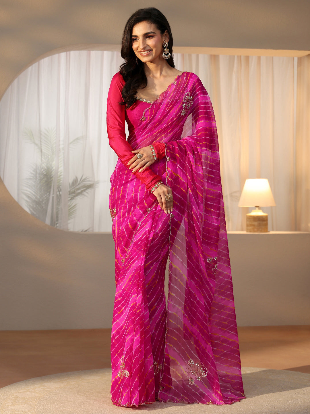  Libas Rani Pink Leheriya Printed Chiffon Saree 