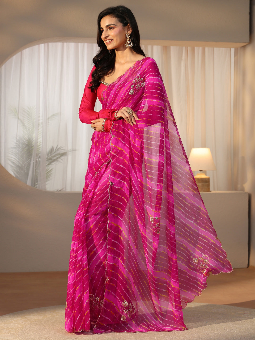  Libas Rani Pink Leheriya Printed Chiffon Saree 