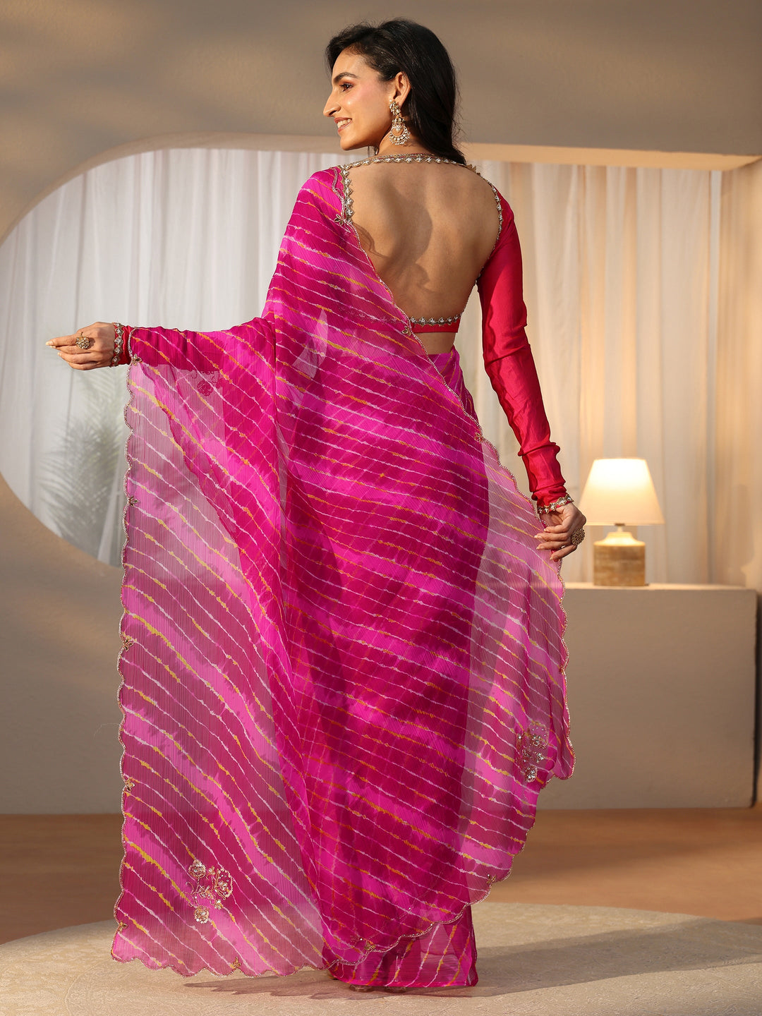  Libas Rani Pink Leheriya Printed Chiffon Saree 