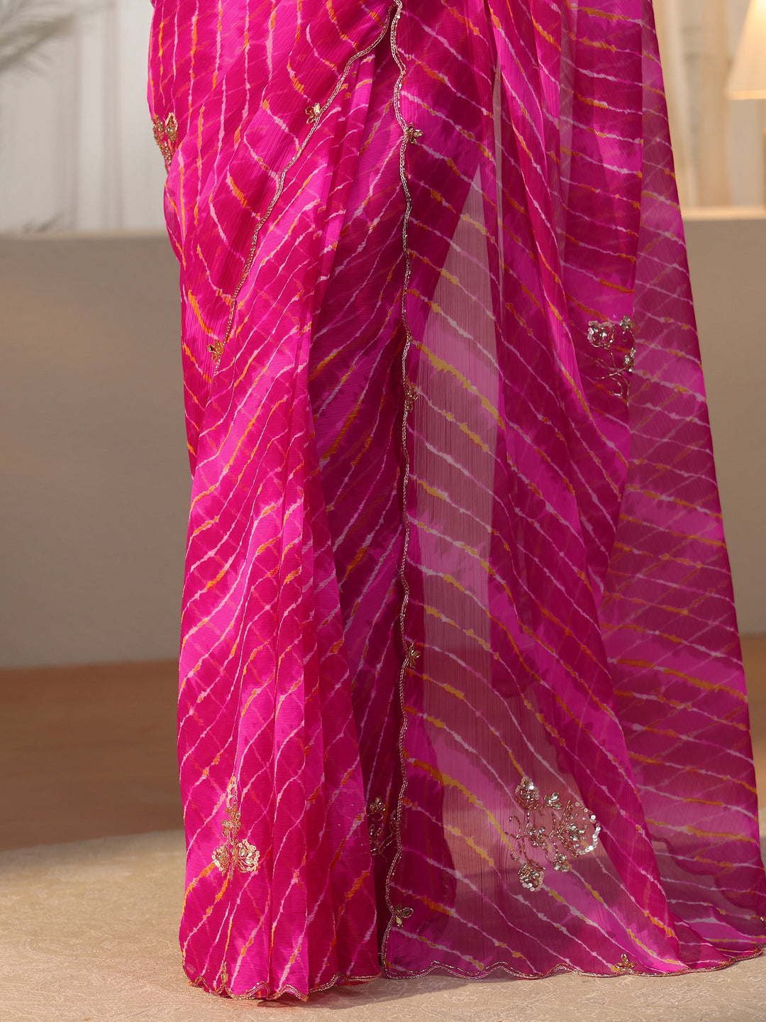 Libas Rani Pink Leheriya Printed Chiffon Saree 
