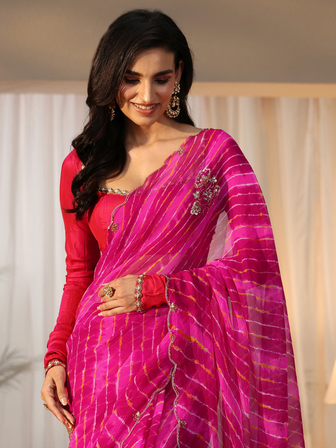  Libas Rani Pink Leheriya Printed Chiffon Saree 