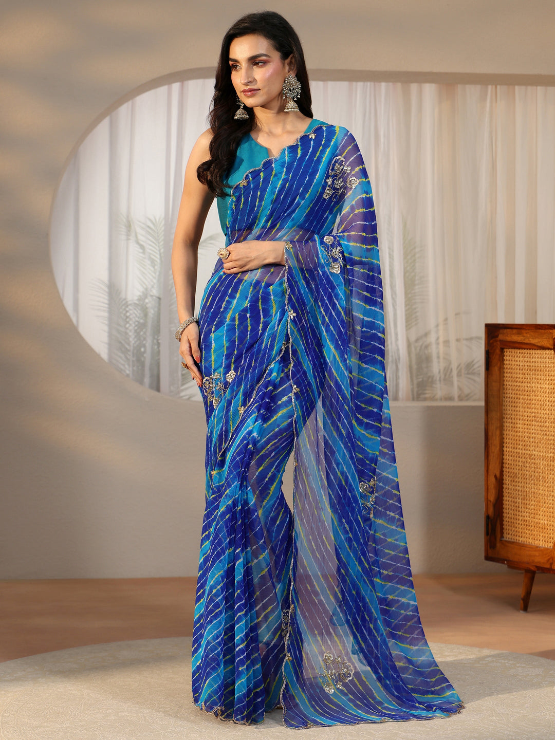  Libas Cobalt Blue Leheriya Printed Chiffon Saree 