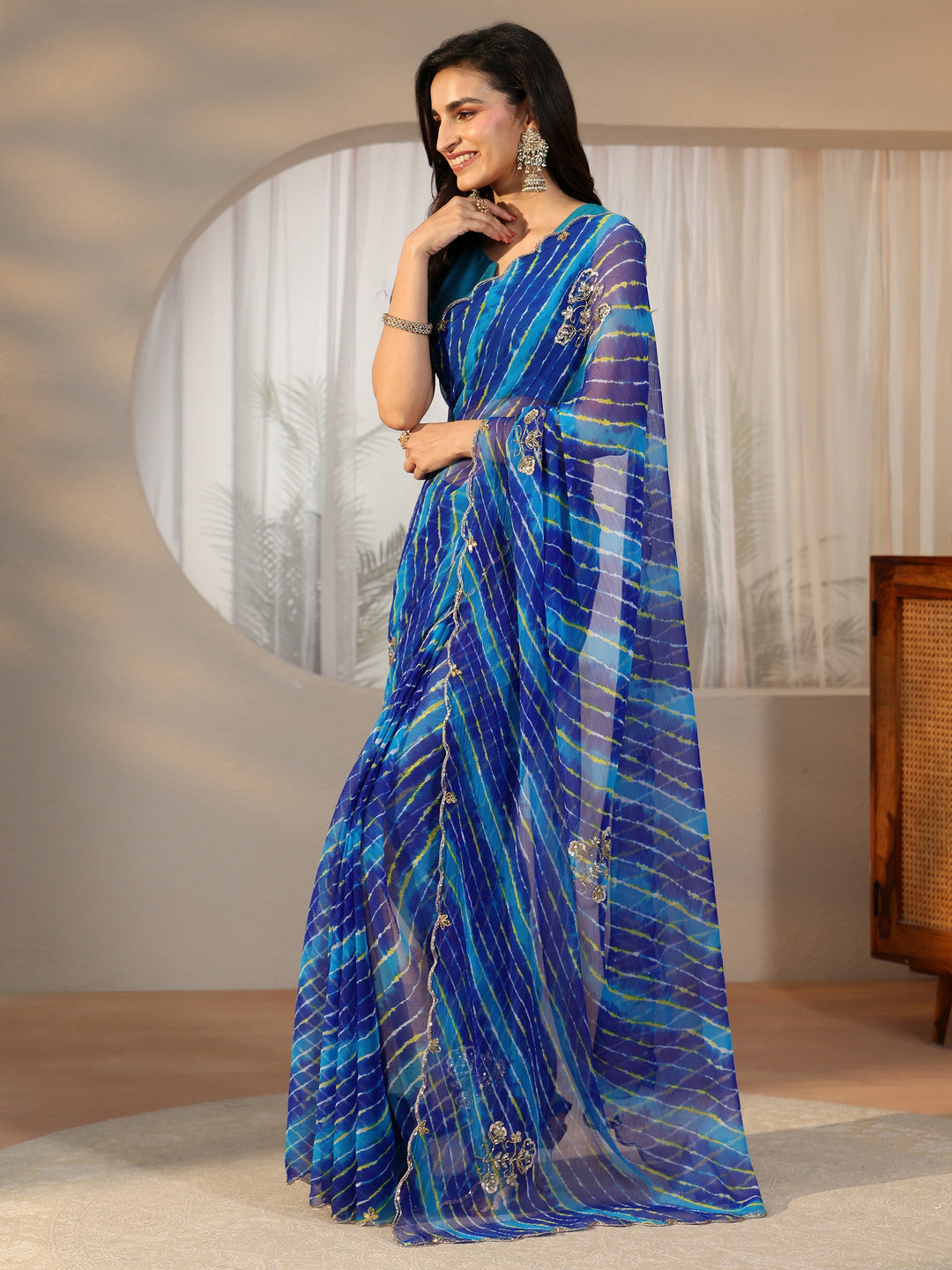  Libas Cobalt Blue Leheriya Printed Chiffon Saree 