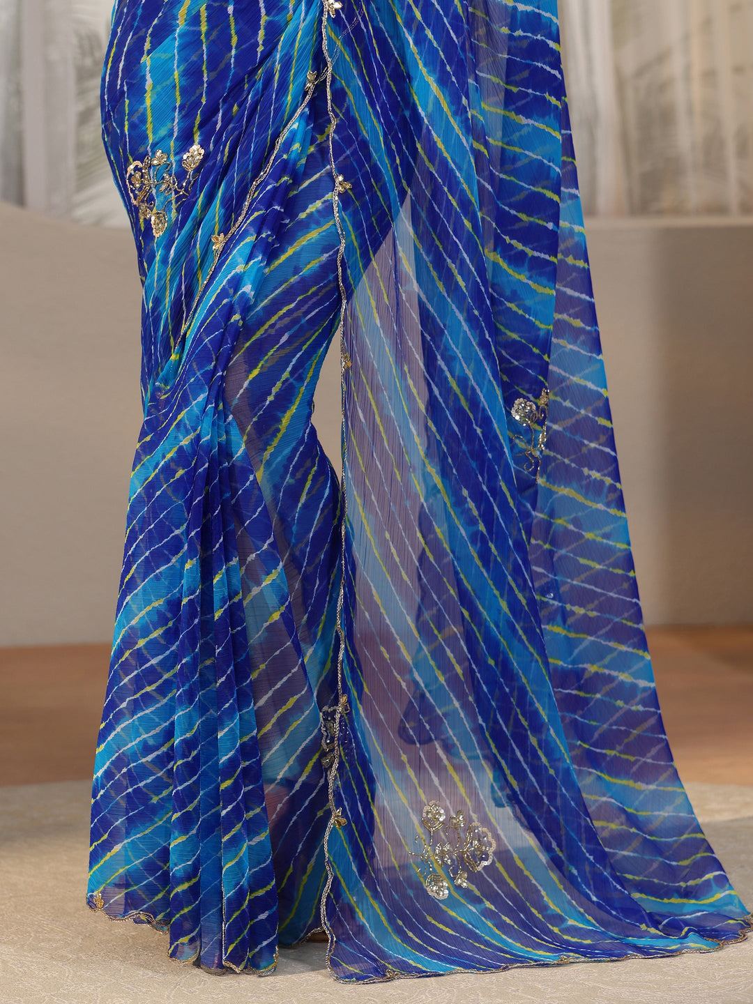  Libas Cobalt Blue Leheriya Printed Chiffon Saree 