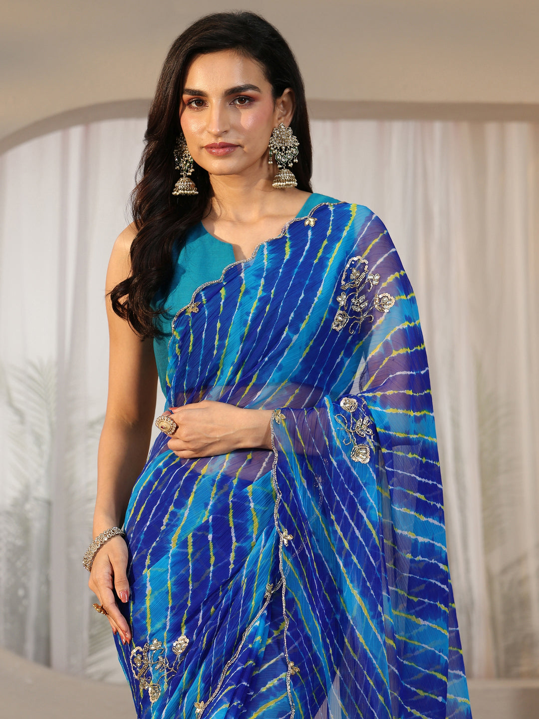  Libas Cobalt Blue Leheriya Printed Chiffon Saree 