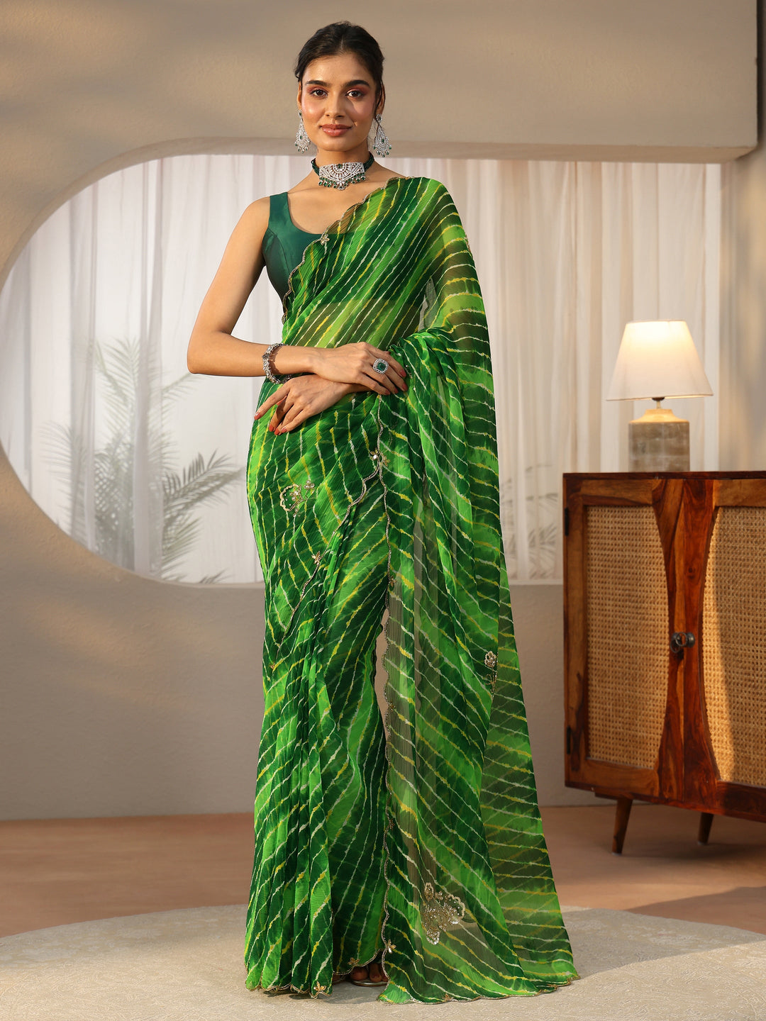  Libas Fern Green Leheriya Printed Chiffon Saree 
