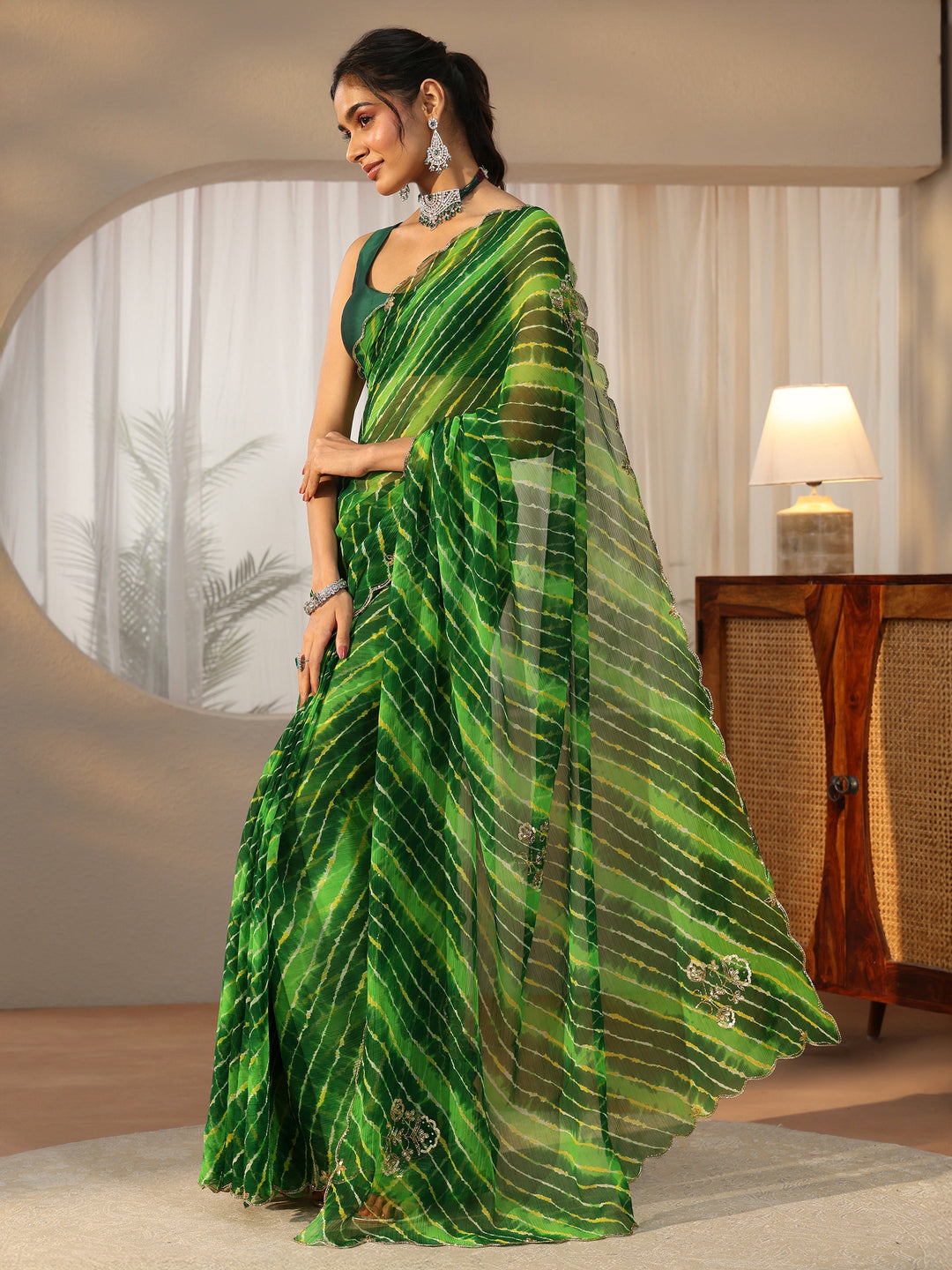  Libas Fern Green Leheriya Printed Chiffon Saree 