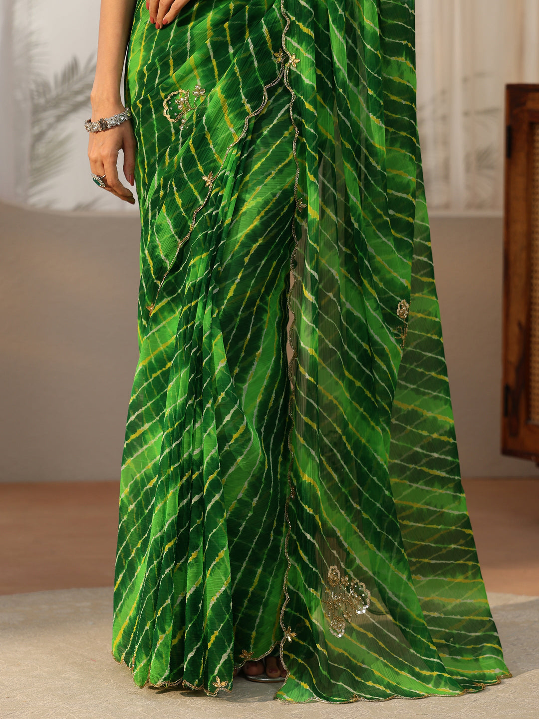  Libas Fern Green Leheriya Printed Chiffon Saree 