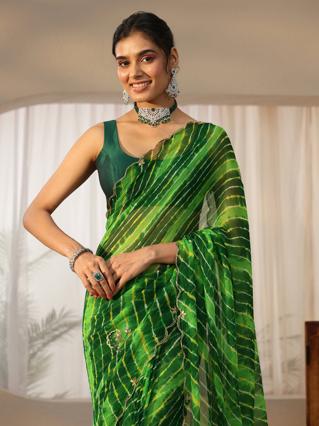  Libas Fern Green Leheriya Printed Chiffon Saree 