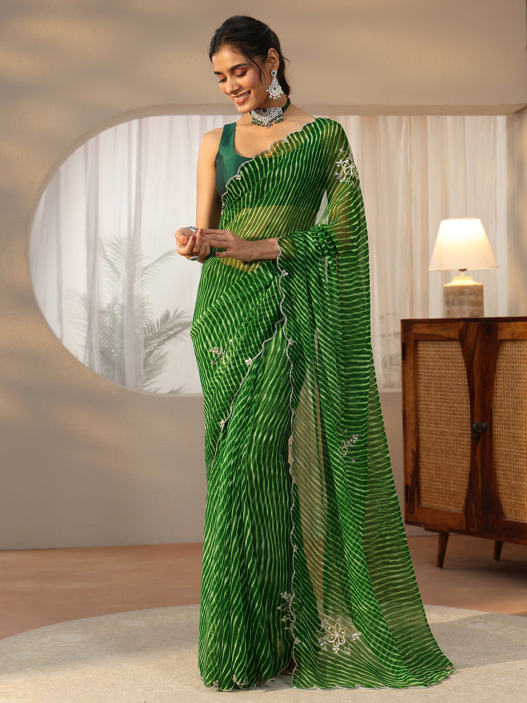  Libas Forrest Green Leheriya Printed Chiffon Saree 