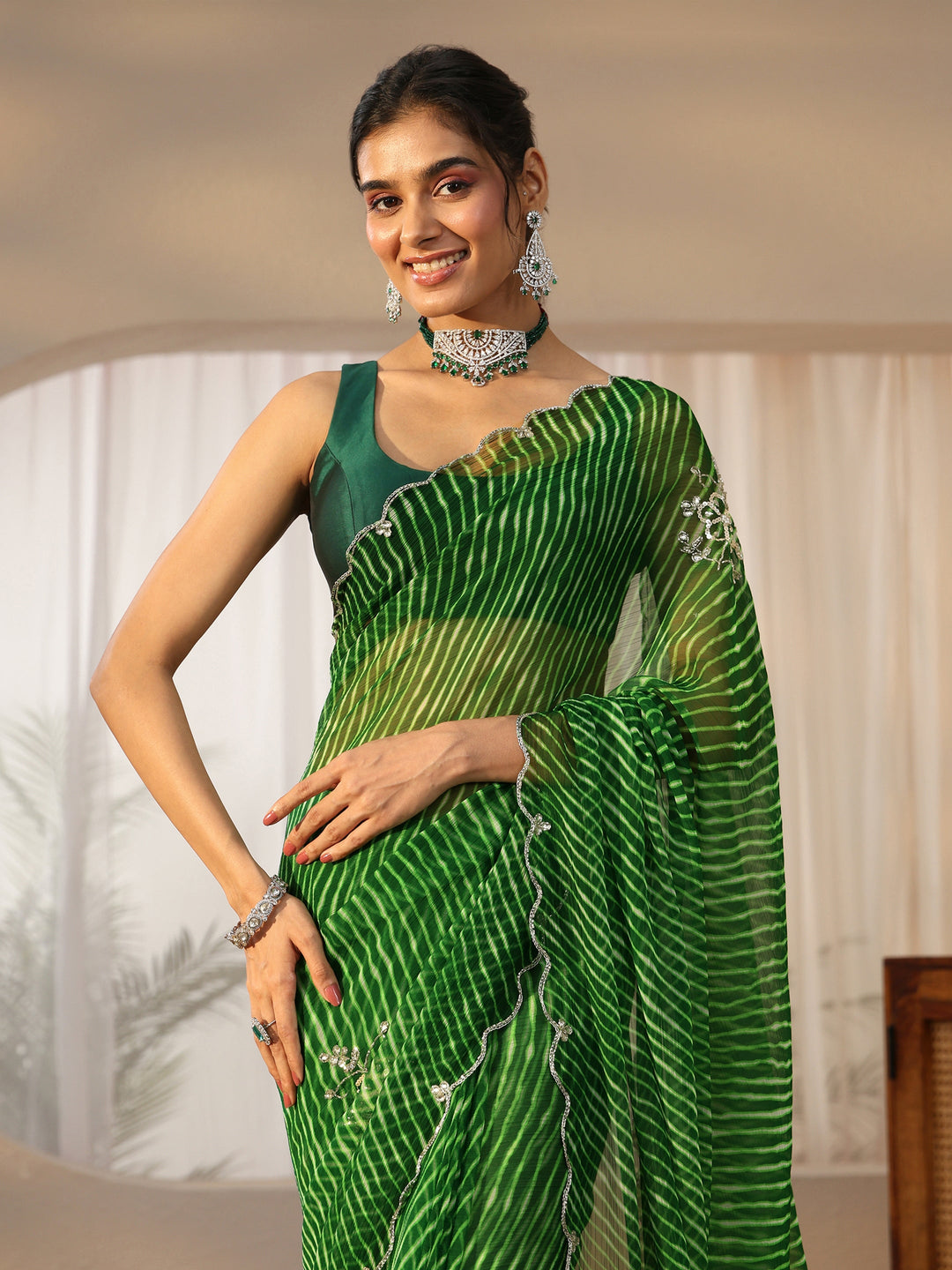  Libas Forrest Green Leheriya Printed Chiffon Saree 