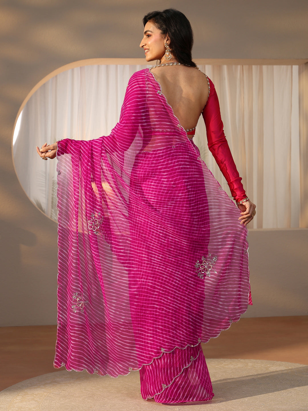  Libas Rani Pink Leheriya Printed Chiffon Saree 