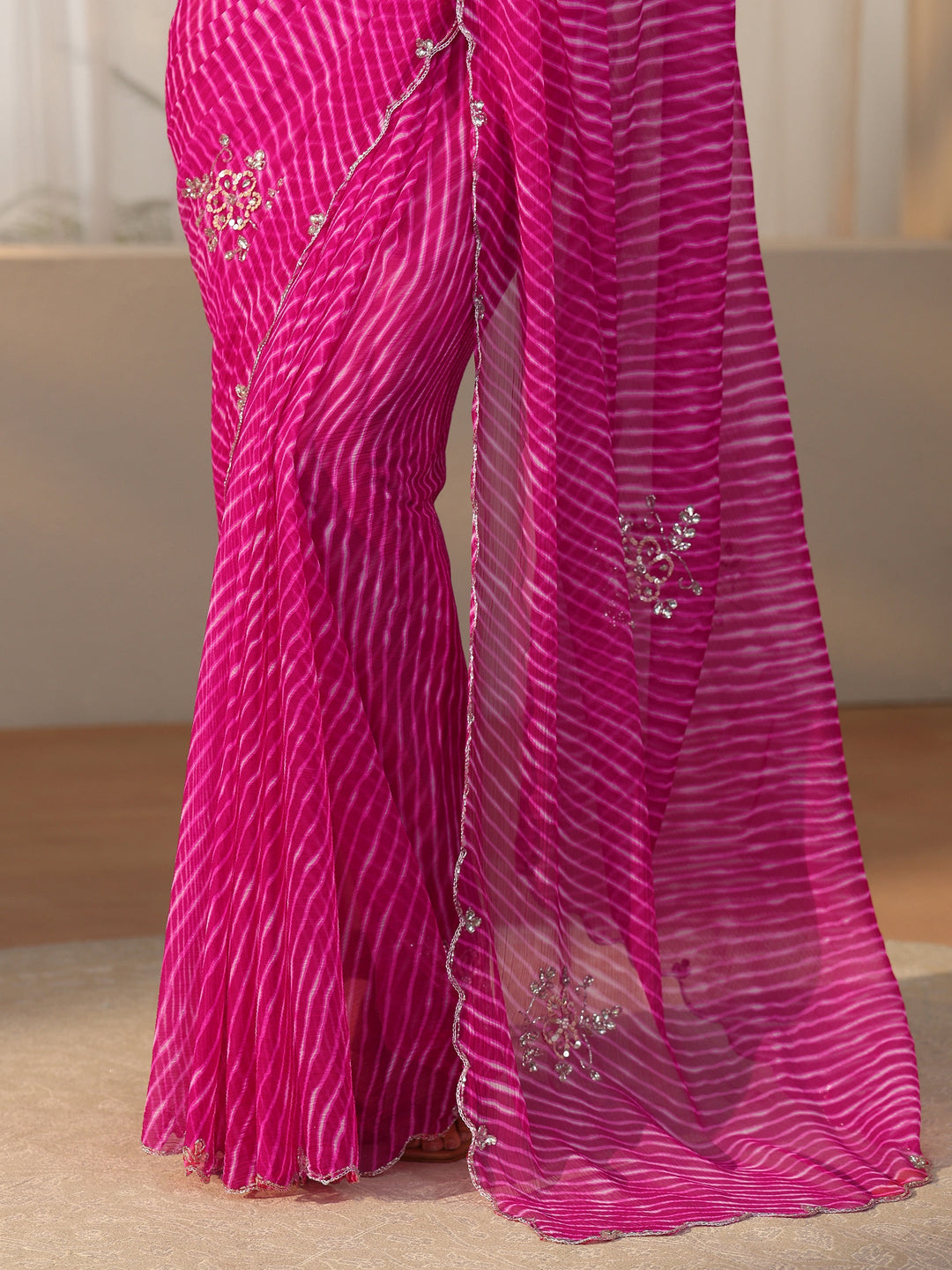  Libas Rani Pink Leheriya Printed Chiffon Saree 