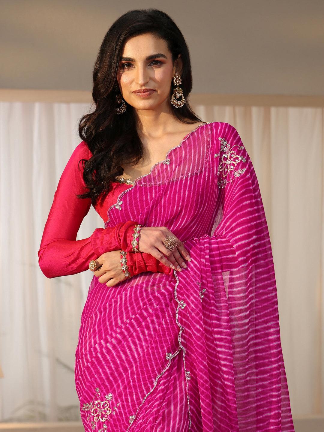  Libas Rani Pink Leheriya Printed Chiffon Saree 
