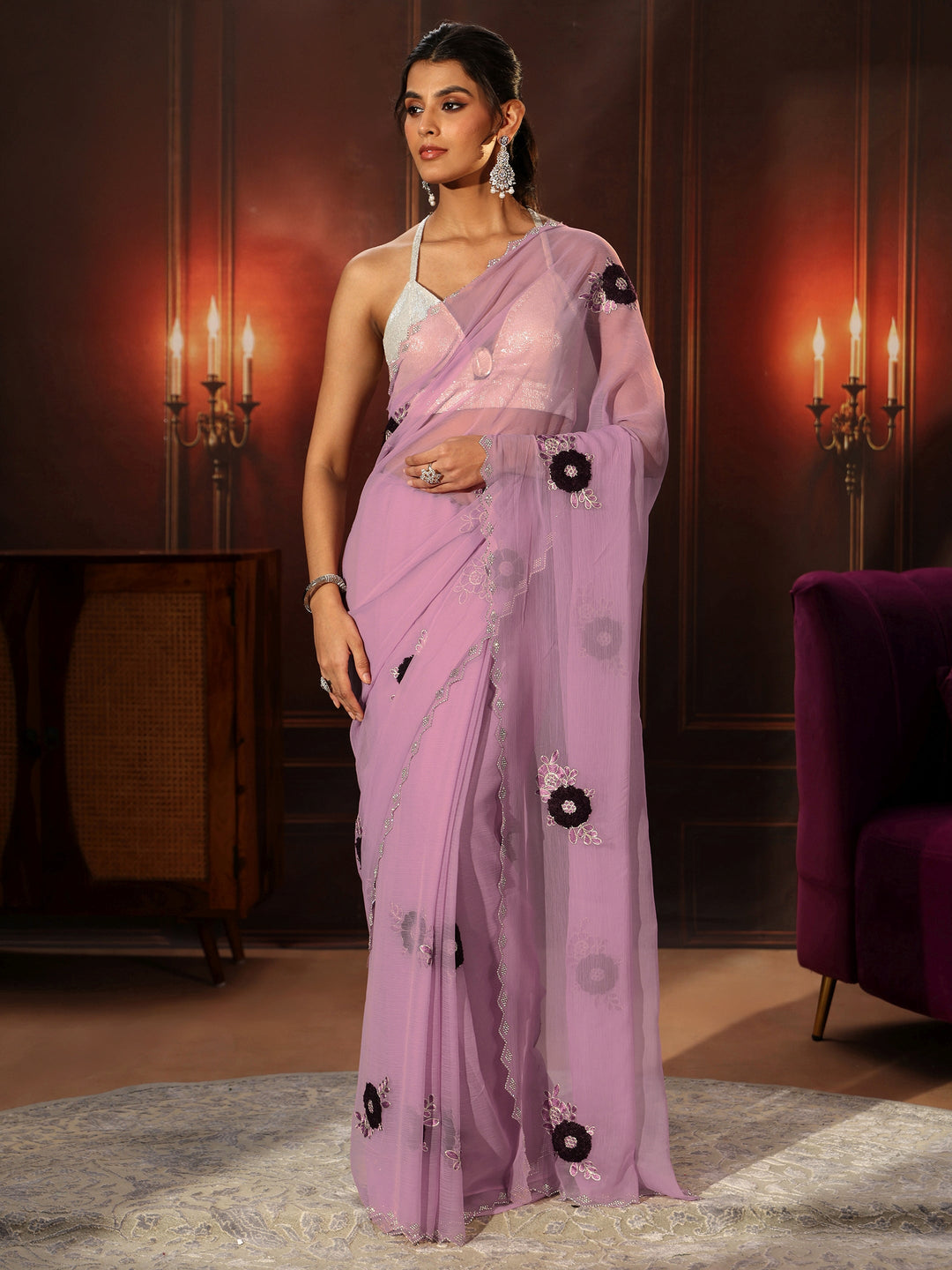  Libas Lavender Chiffon Saree with Embellished Floral Motifs 