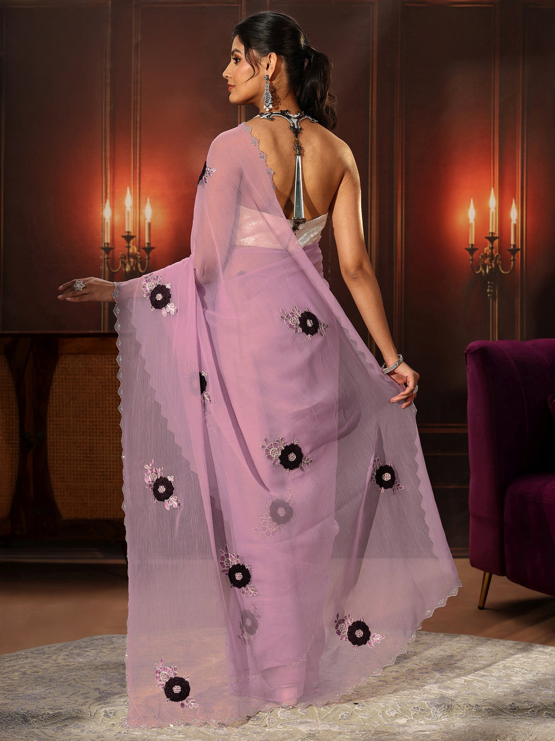  Libas Lavender Chiffon Saree with Embellished Floral Motifs 
