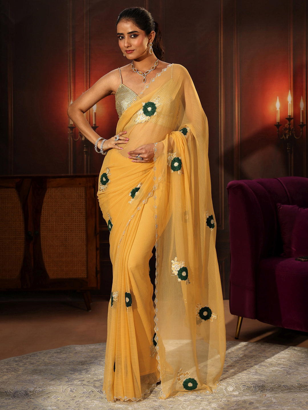  Libas Sunshine Yellow Chiffon Saree with Embellished Floral Motifs 