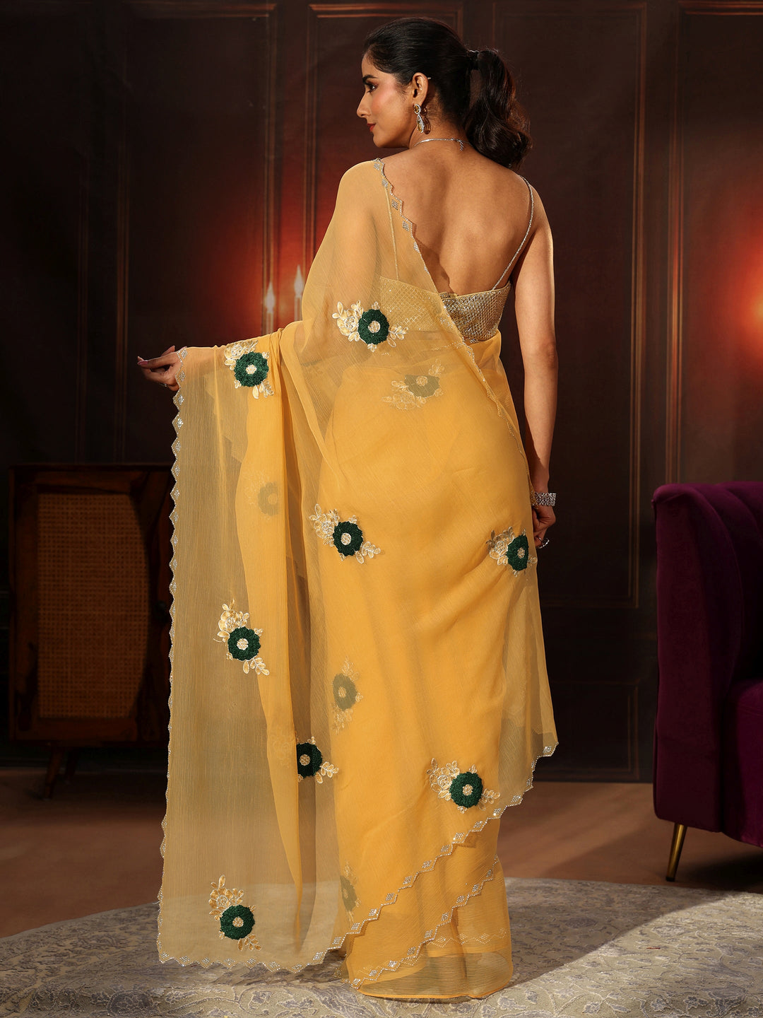 Libas Sunshine Yellow Chiffon Saree with Embellished Floral Motifs 