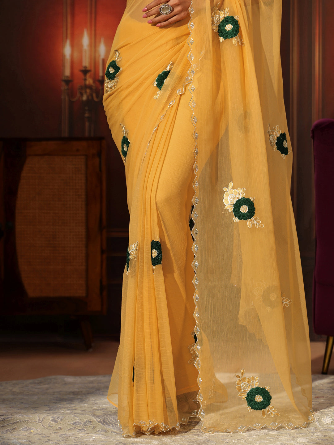  Libas Sunshine Yellow Chiffon Saree with Embellished Floral Motifs 