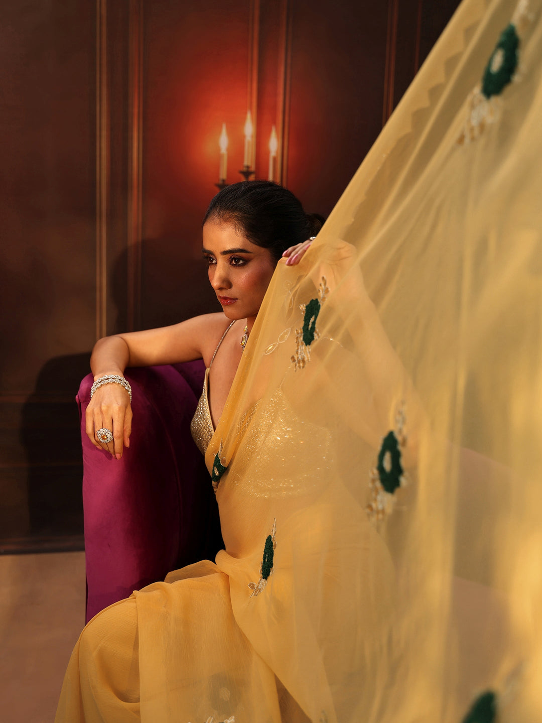  Libas Sunshine Yellow Chiffon Saree with Embellished Floral Motifs 