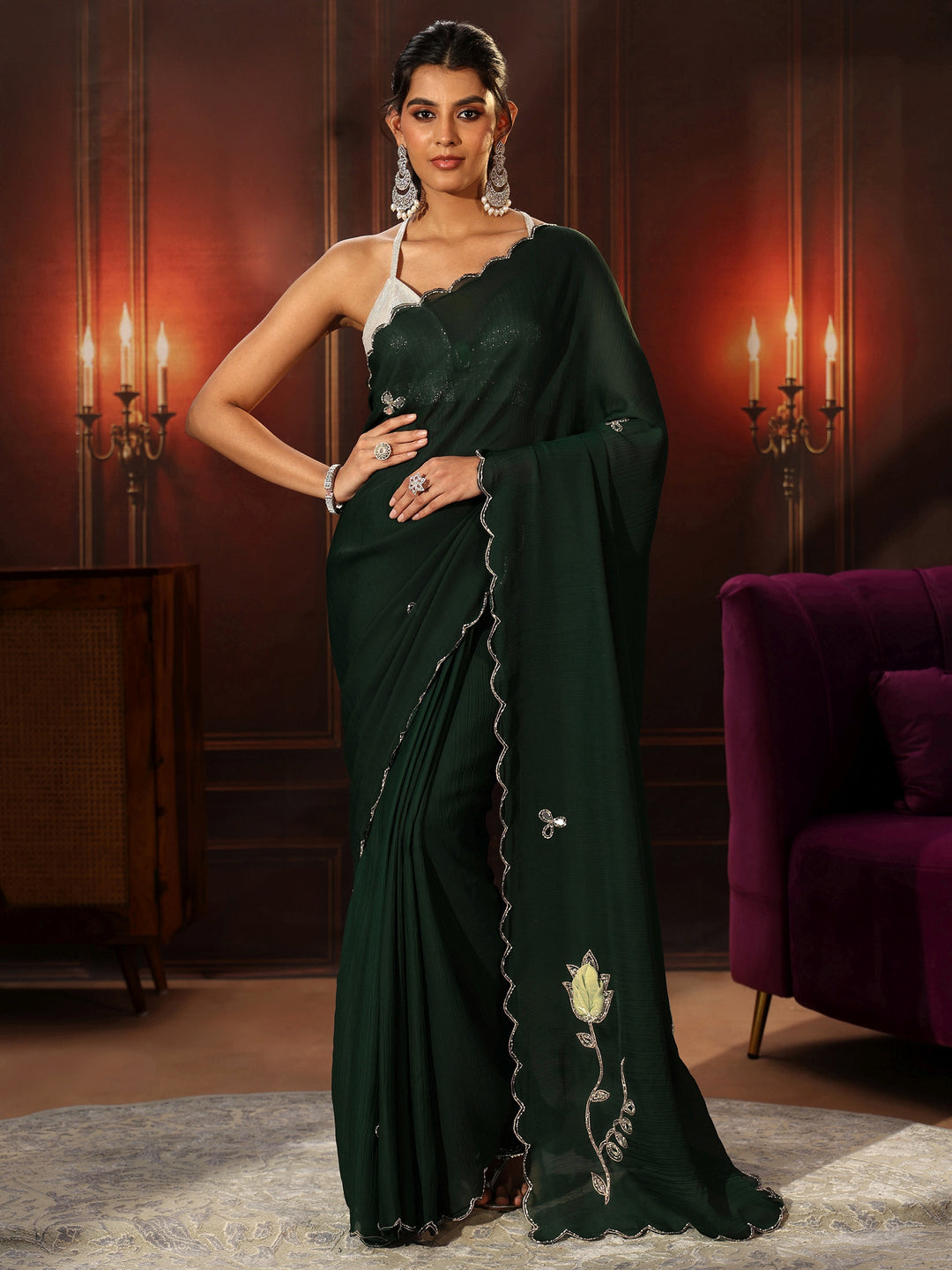  Libas Jungle Green Chiffon Saree with Floral Applique Design Pallu 