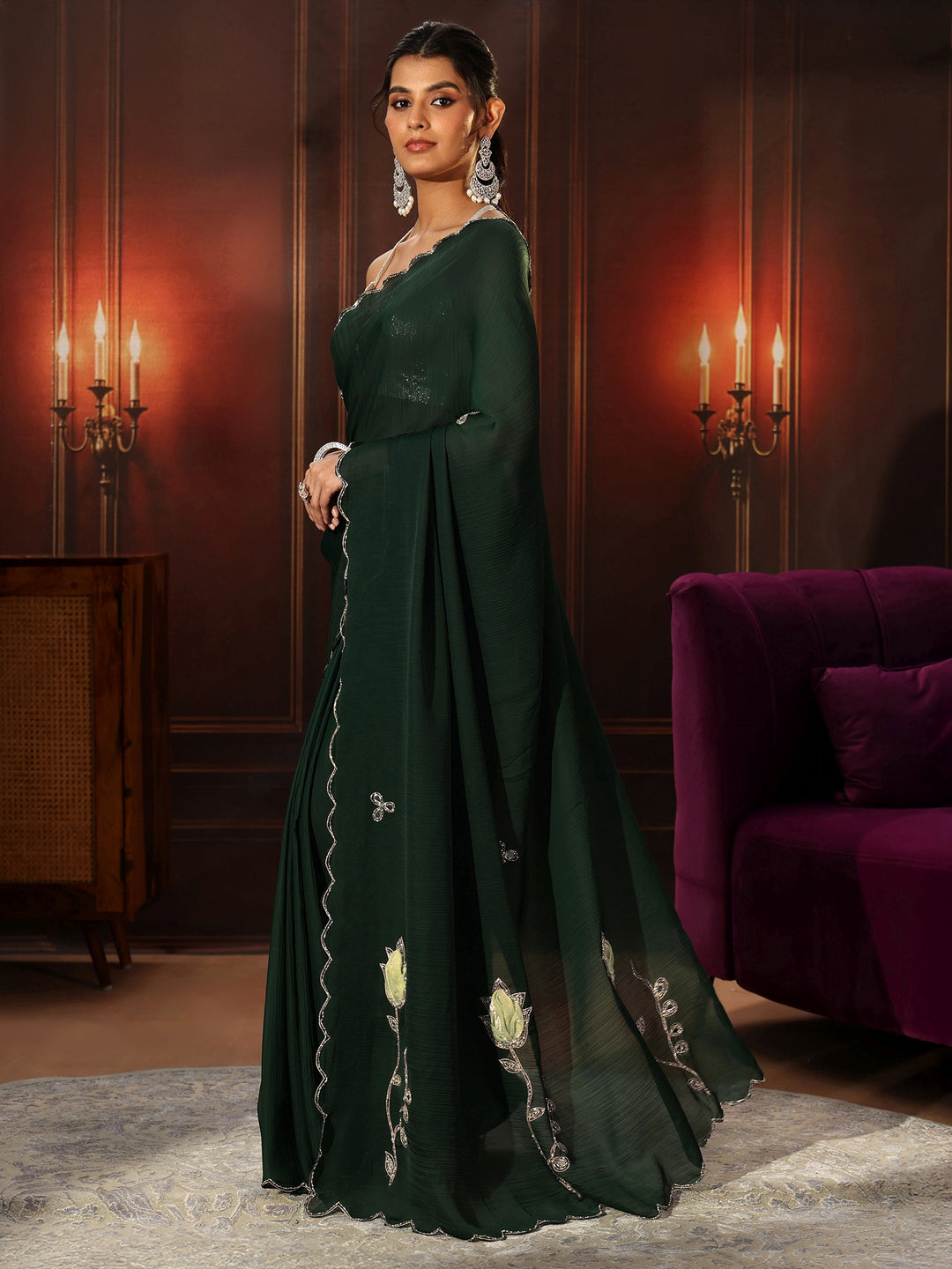  Libas Jungle Green Chiffon Saree with Floral Applique Design Pallu 
