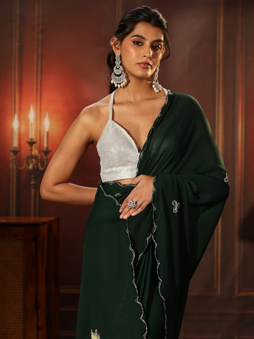  Libas Jungle Green Chiffon Saree with Floral Applique Design Pallu 