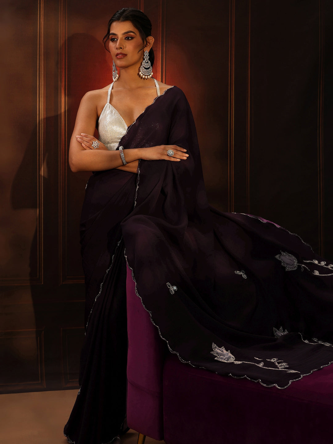  Libas Burgundy Chiffon Saree with Floral Applique Design Pallu 