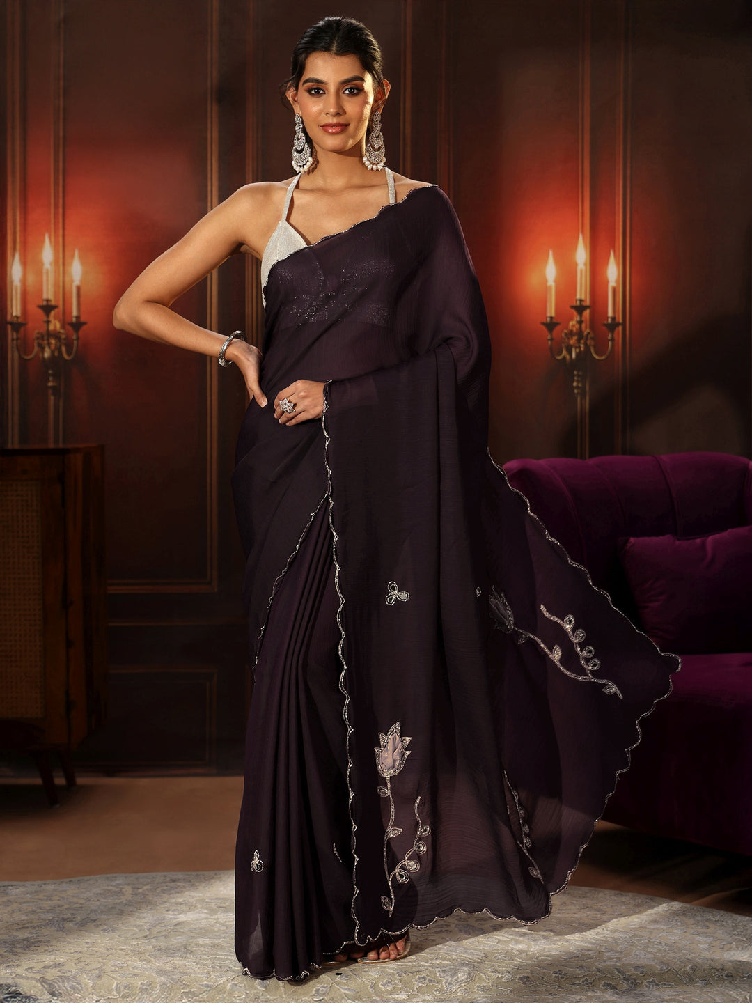  Libas Burgundy Chiffon Saree with Floral Applique Design Pallu 